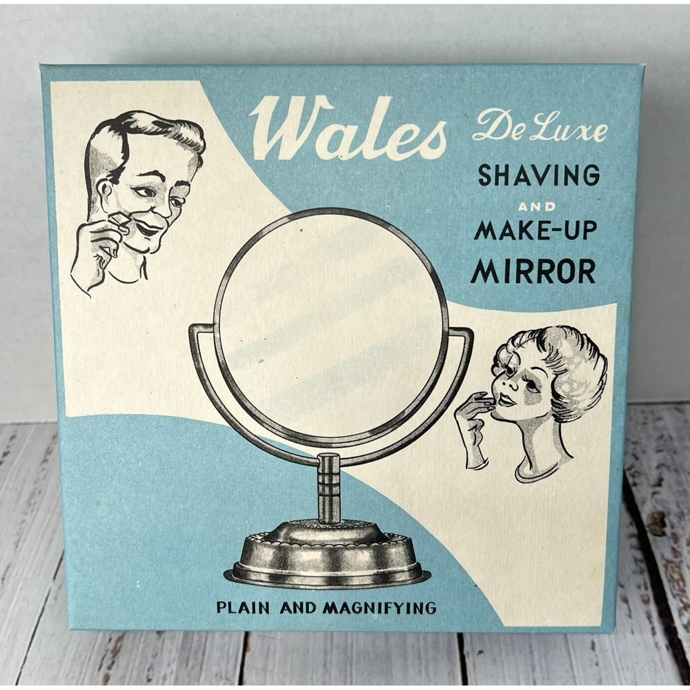 Vintage MCM WALES De Luxe Shaving Makeup Vanity Mirror NOS In Original Box 1950s